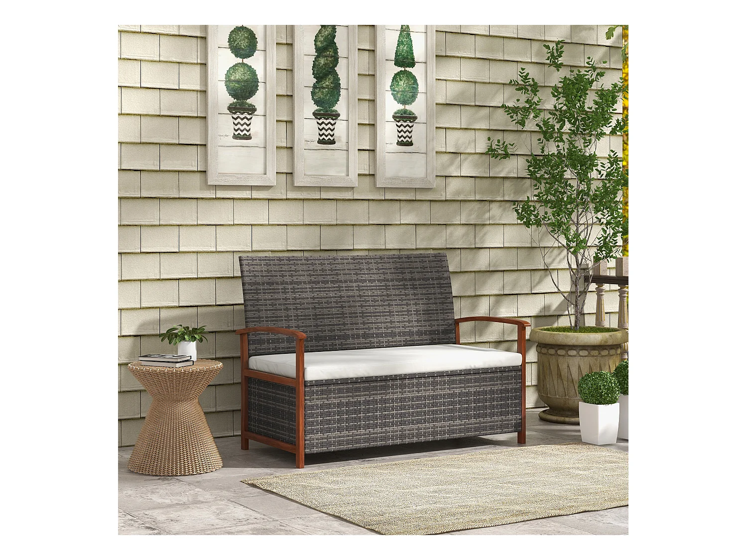 Banc coffre de jardin 2 en 1 - 2 places - coussin inclus - résine tressée grise piètement accoudoirs bois acacia