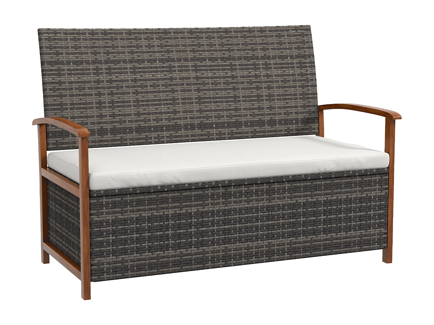 Banc coffre de jardin 2 en 1 - 2 places - coussin inclus - résine tressée grise piètement accoudoirs bois acacia