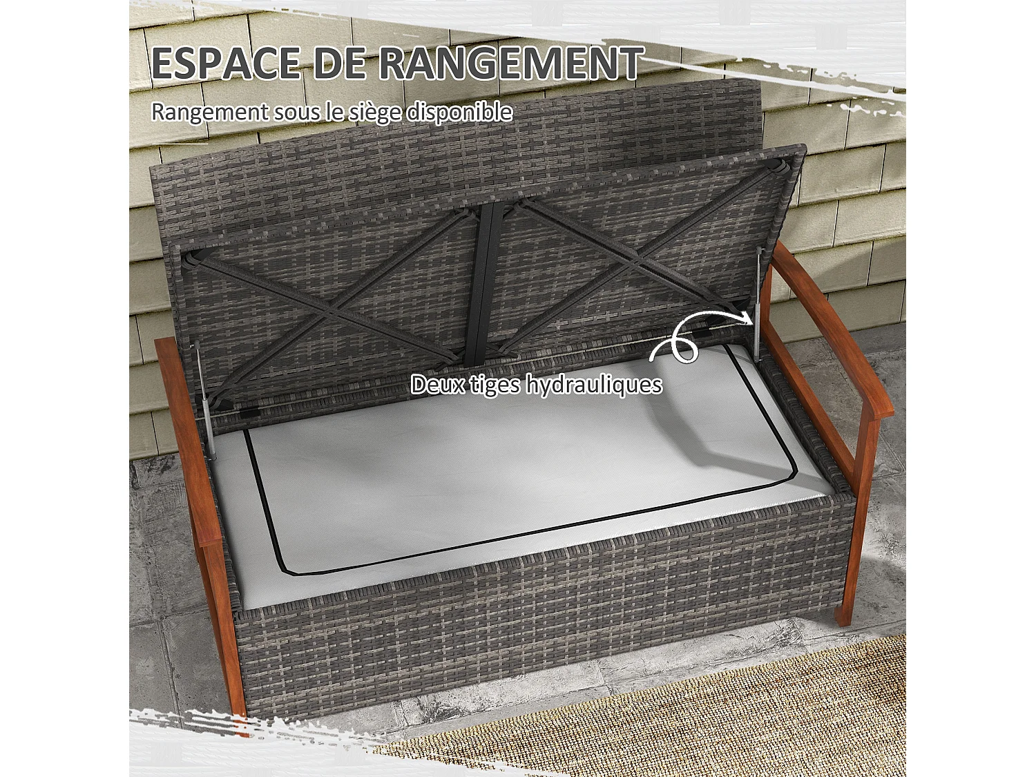 Banc coffre de jardin 2 en 1 - 2 places - coussin inclus - résine tressée grise piètement accoudoirs bois acacia