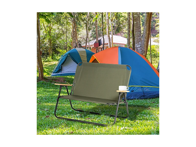 Banc 2 places pliable de camping - accoudoirs bois, porte-gobelets - acier noir Oxford vert