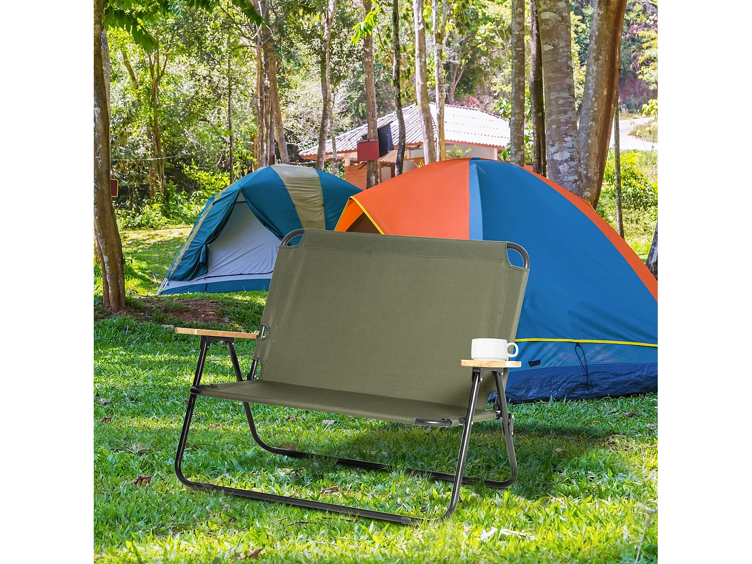 Banc 2 places pliable de camping - accoudoirs bois, porte-gobelets - acier noir Oxford vert