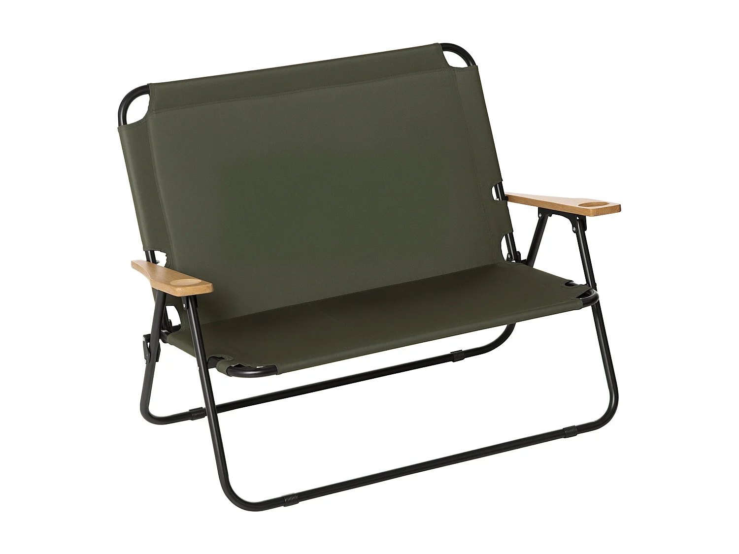 Banc 2 places pliable de camping - accoudoirs bois, porte-gobelets - acier noir Oxford vert