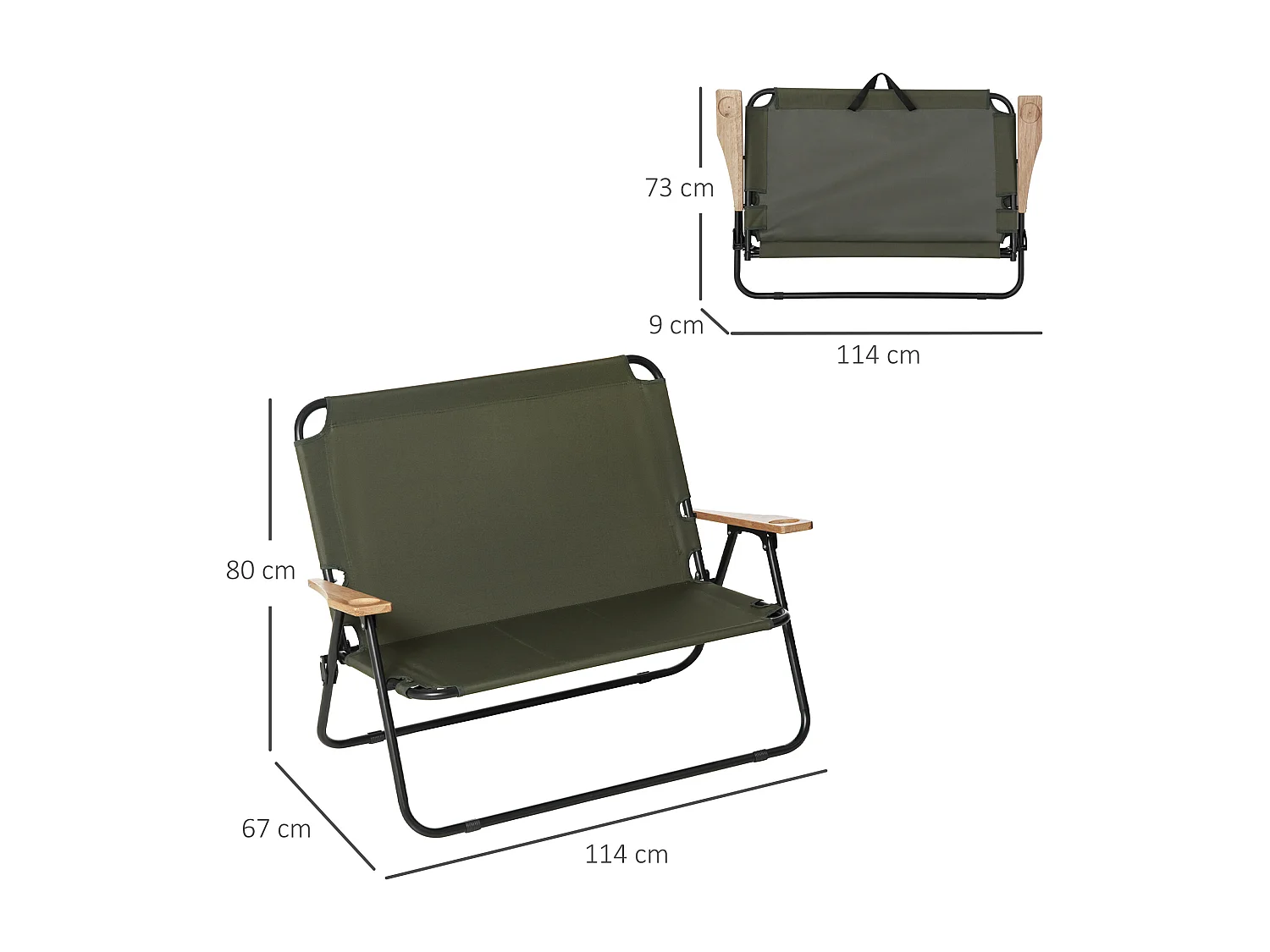 Banc 2 places pliable de camping - accoudoirs bois, porte-gobelets - acier noir Oxford vert