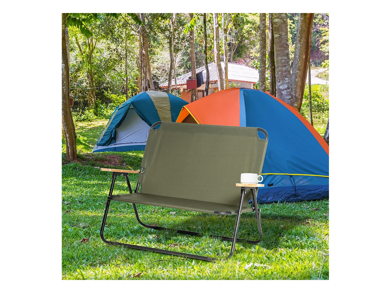 Banc 2 places pliable de camping - accoudoirs bois, porte-gobelets - acier noir Oxford vert