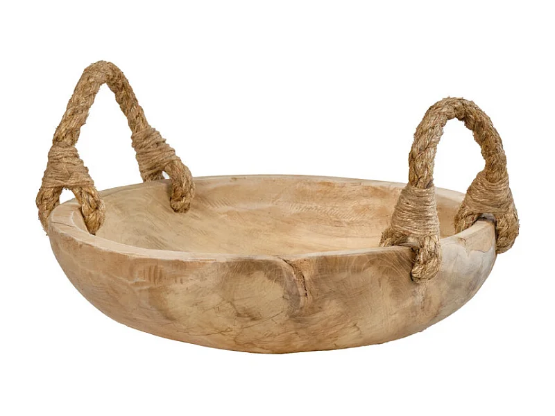 Grand bol 38 cm en bois de teck avec anses en corde de jute - ALAMO 02