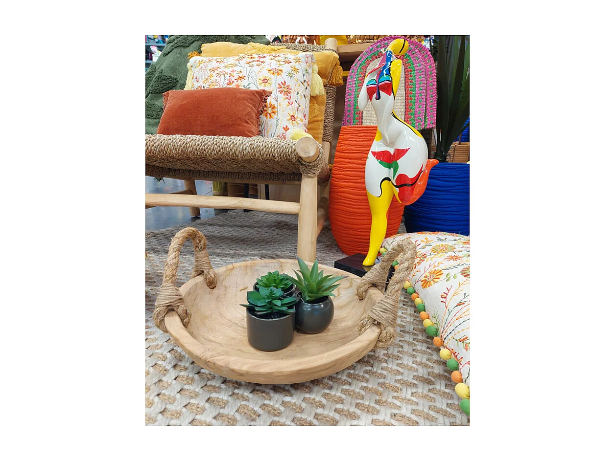 Grand bol 38 cm en bois de teck avec anses en corde de jute - ALAMO 02