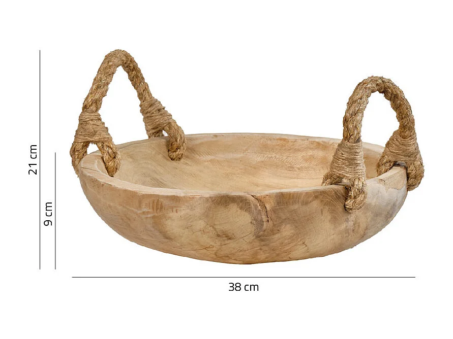 Grand bol 38 cm en bois de teck avec anses en corde de jute - ALAMO 02