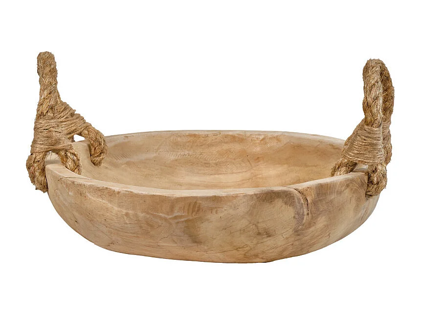 Grand bol 38 cm en bois de teck avec anses en corde de jute - ALAMO 02