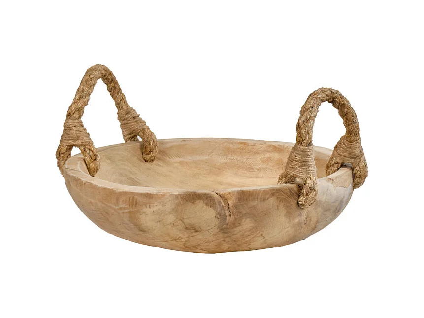 Grand bol 38 cm en bois de teck avec anses en corde de jute - ALAMO 02