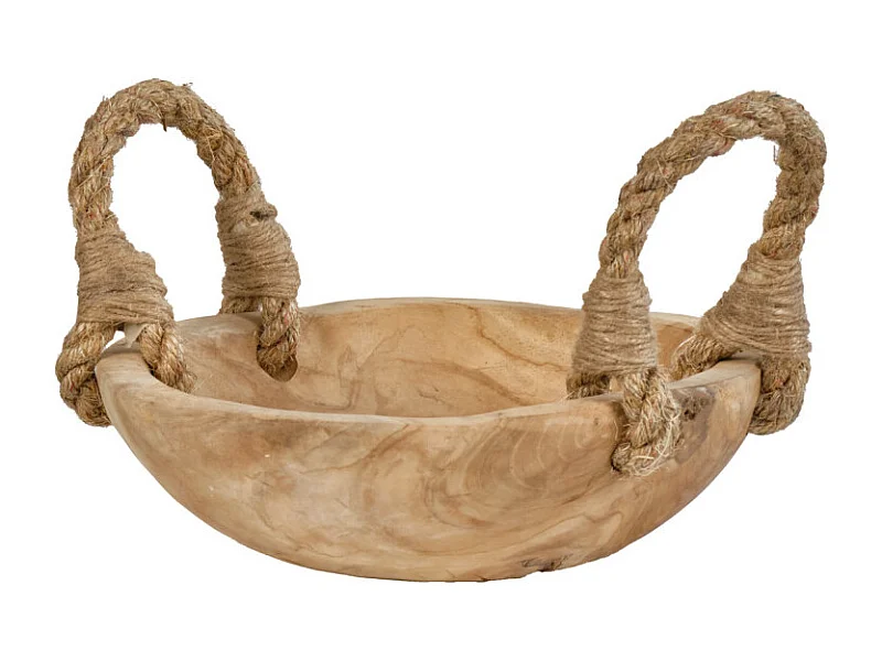 Petit bol 27 cm en bois de teck avec anses en corde de jute - ALAMO 01