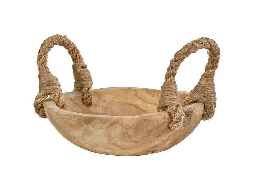 Petit bol 27 cm en bois de teck avec anses en corde de jute - ALAMO 01