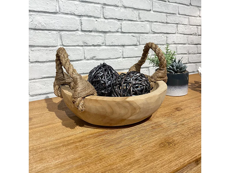 Petit bol 27 cm en bois de teck avec anses en corde de jute - ALAMO 01