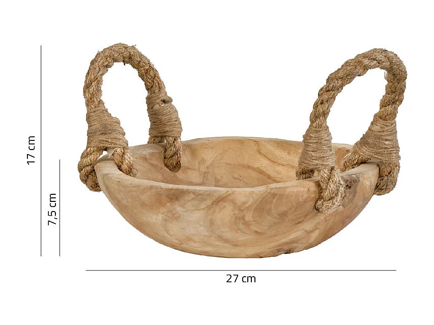 Petit bol 27 cm en bois de teck avec anses en corde de jute - ALAMO 01