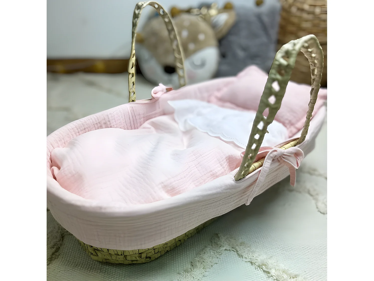 Cesta porta bebé in palma rosa 17x56x21cm