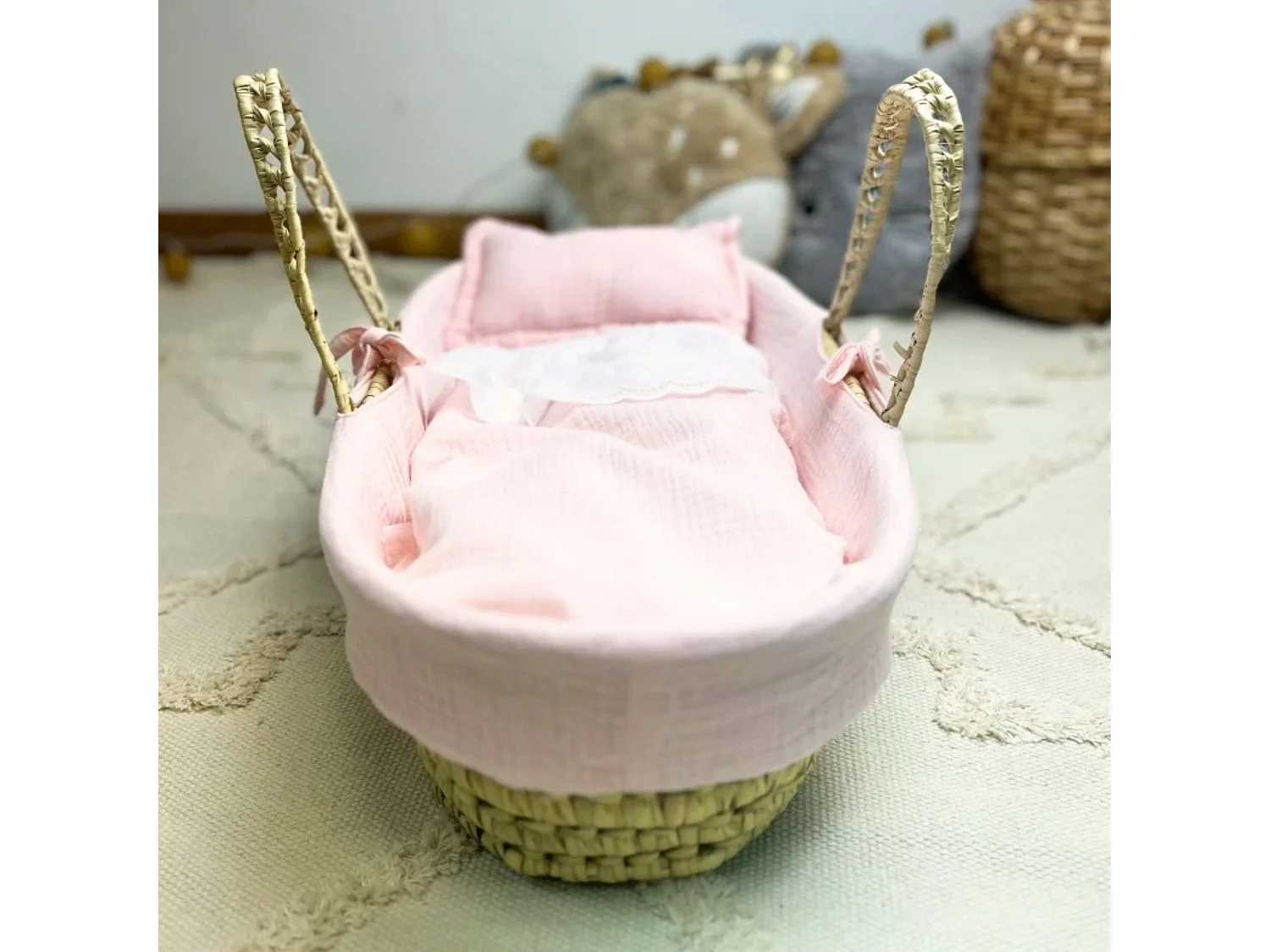 Cesta porta bebé in palma rosa 17x56x21cm