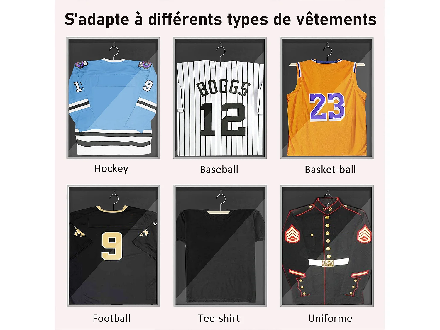 Frame box T-frame cadre aluminium pour maillot porte acrylique doublure interne feutre 70 x 90 cm argent