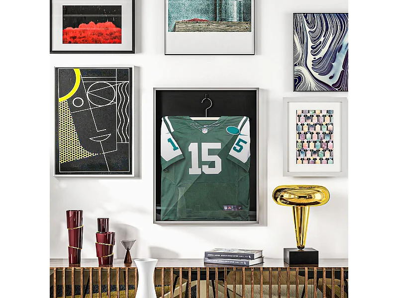 Frame box T-frame cadre aluminium pour maillot porte acrylique doublure interne feutre 70 x 90 cm argent