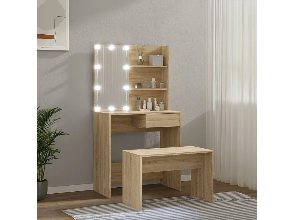 Conjunto toucador c/ LEDs madeira processada carvalho sonoma