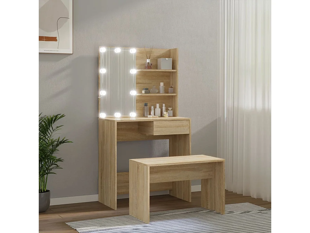 Schminktisch-Set mit LED Sonoma-Eiche Holzwerkstoff