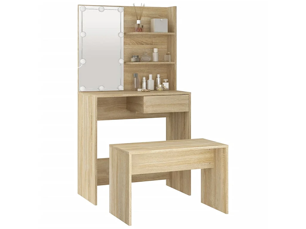 Schminktisch-Set mit LED Sonoma-Eiche Holzwerkstoff