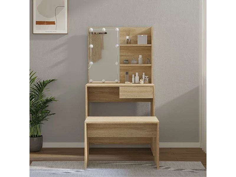 Conjunto toucador c/ LEDs madeira processada carvalho sonoma