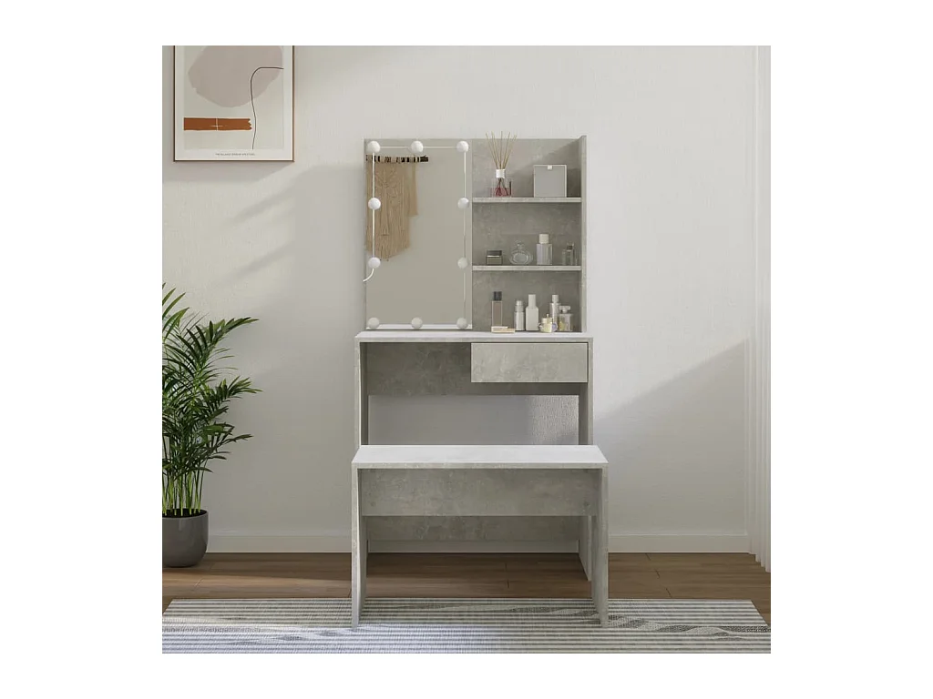 Set Tavolo da Toeletta Grigio Cemento con LED Legno Multistrato