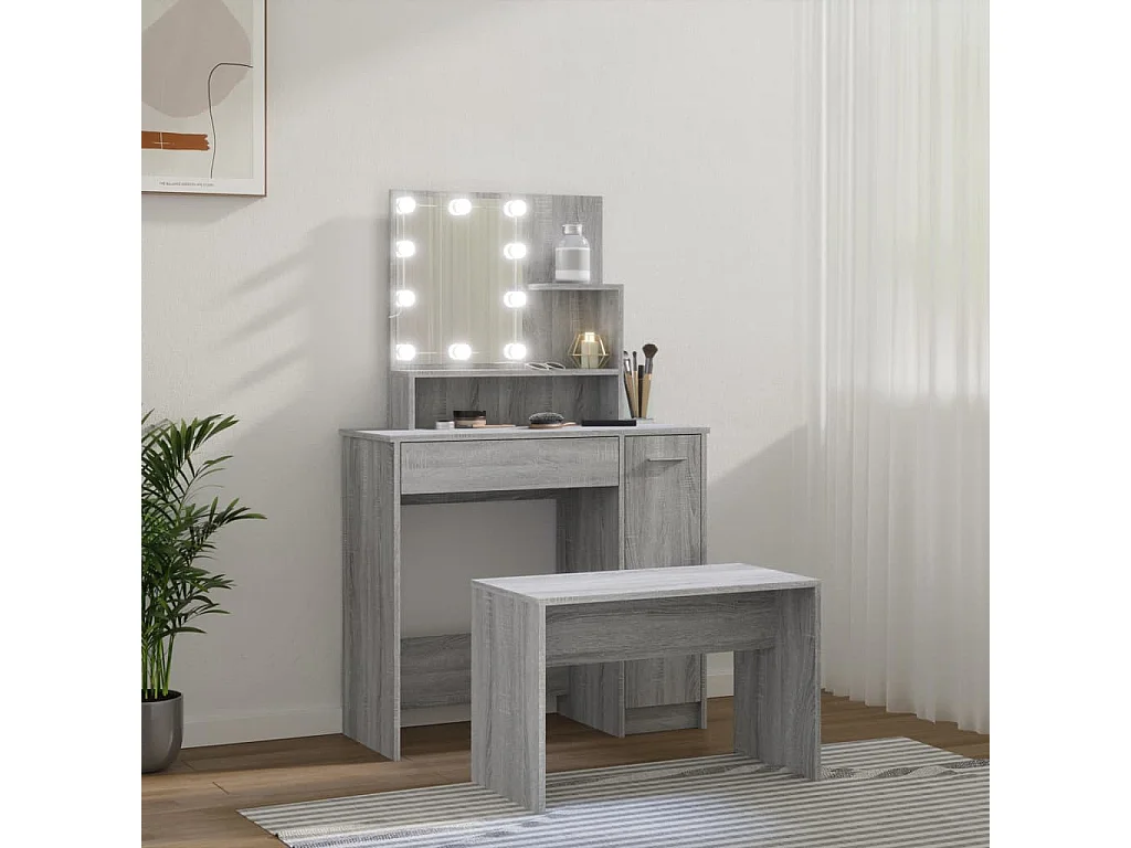 Schminktisch-Set mit LED Grau Sonoma Holzwerkstoff