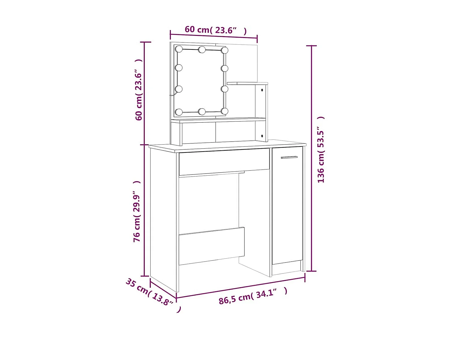 Toucador com LEDs 86,5x35x136 cm carvalho sonoma