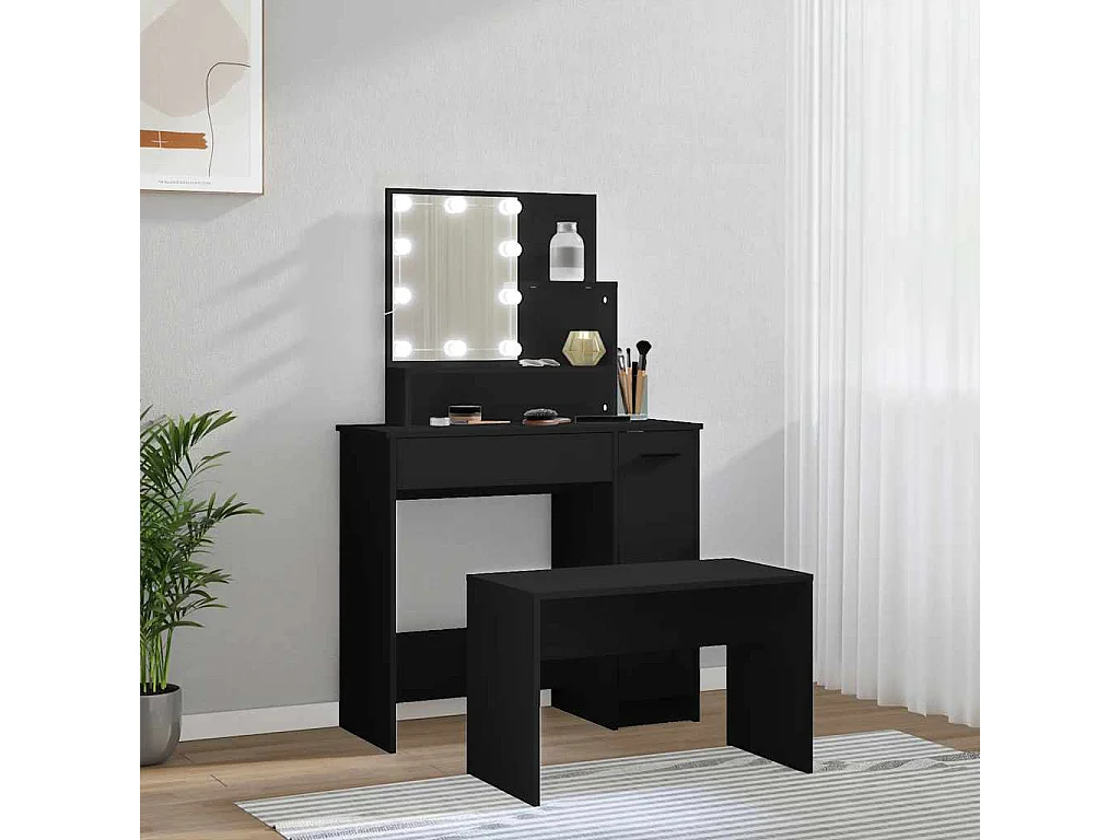 Schminktisch-Set mit LED Schwarz Holzwerkstoff