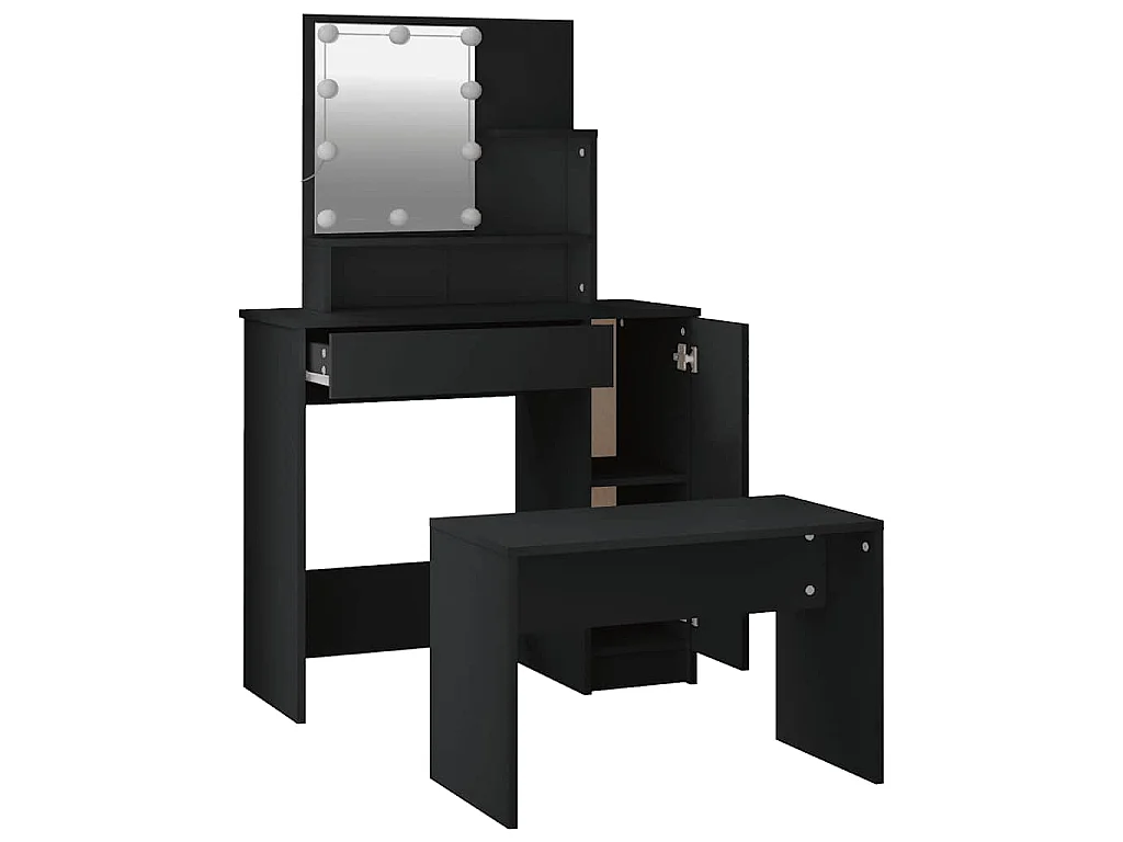 Schminktisch-Set mit LED Schwarz Holzwerkstoff