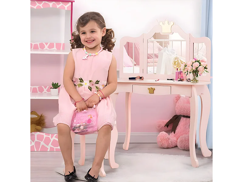 Coiffeuse pour enfants  avec miroir à trois volets, ensemble de coiffeuse 2-en-1 , tabouret inclus