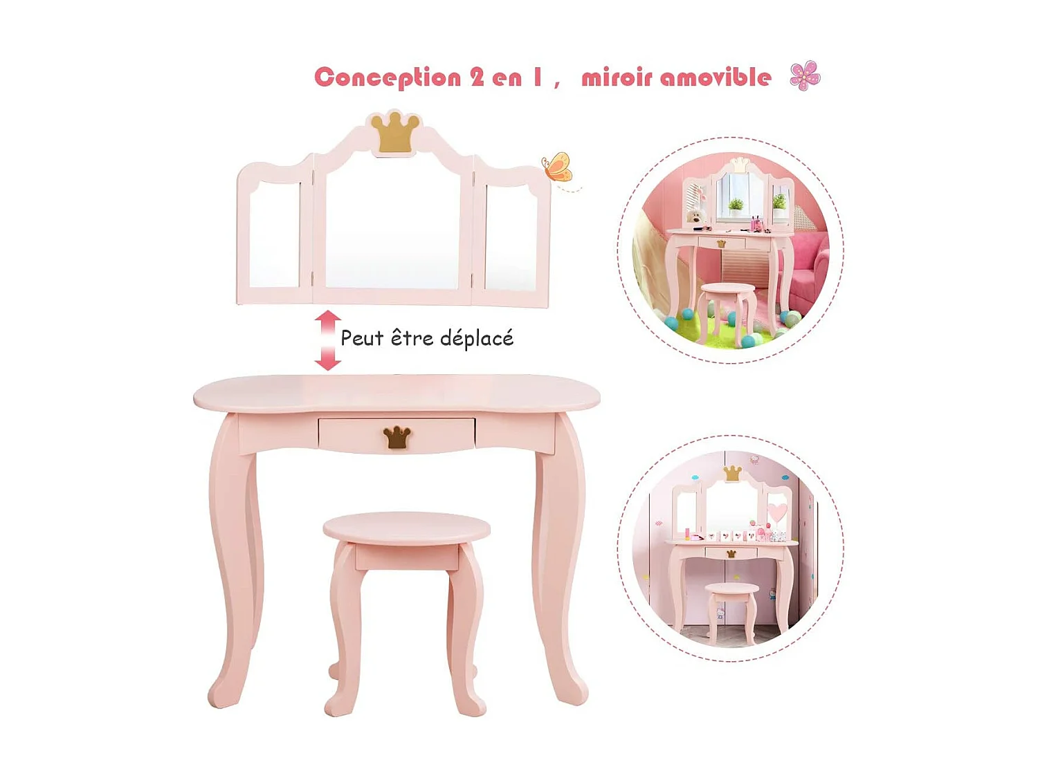 Coiffeuse pour enfants  avec miroir à trois volets, ensemble de coiffeuse 2-en-1 , tabouret inclus