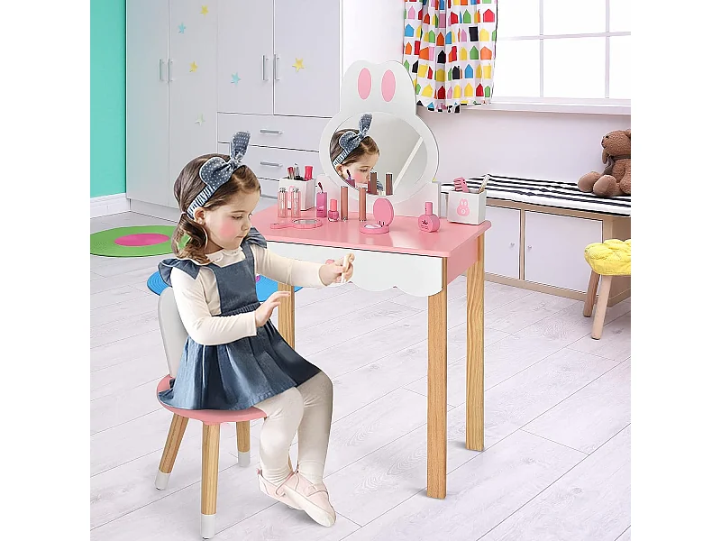 Coiffeuse pour enfants 2 en 1 avec miroir amovible et tabouret tiroirs boîte de rangement