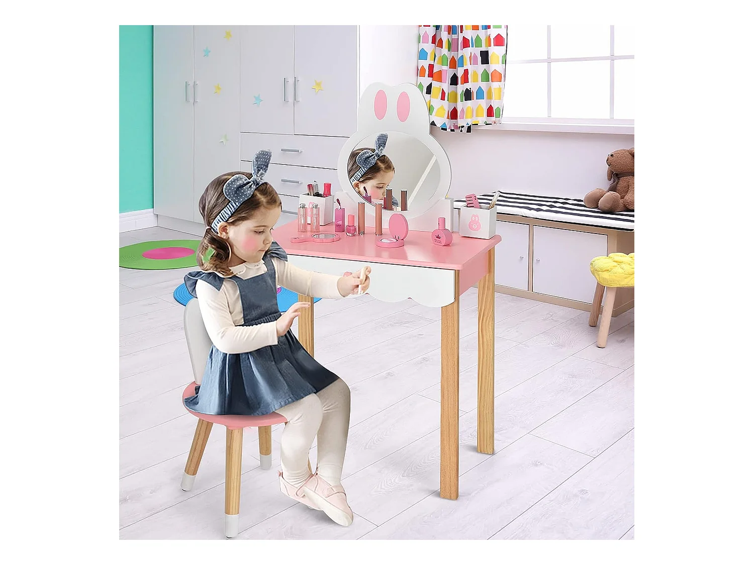 Coiffeuse pour enfants 2 en 1 avec miroir amovible et tabouret tiroirs boîte de rangement