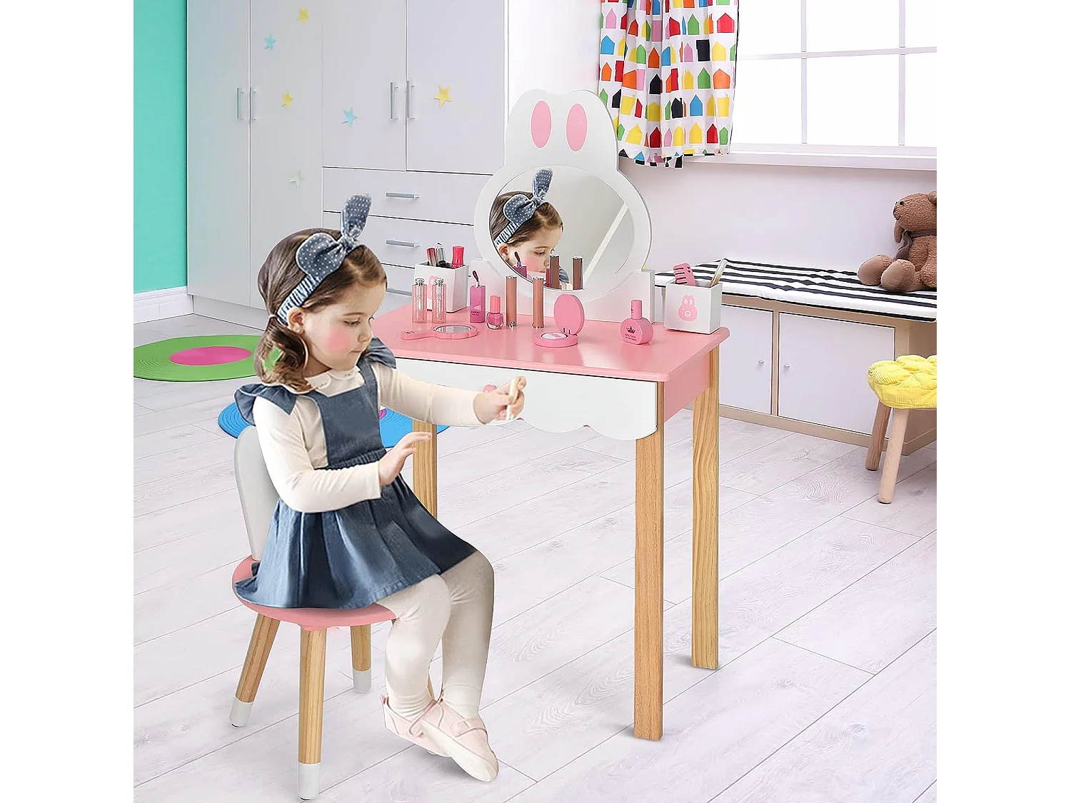 Coiffeuse pour enfants 2 en 1 avec miroir amovible et tabouret tiroirs boîte de rangement