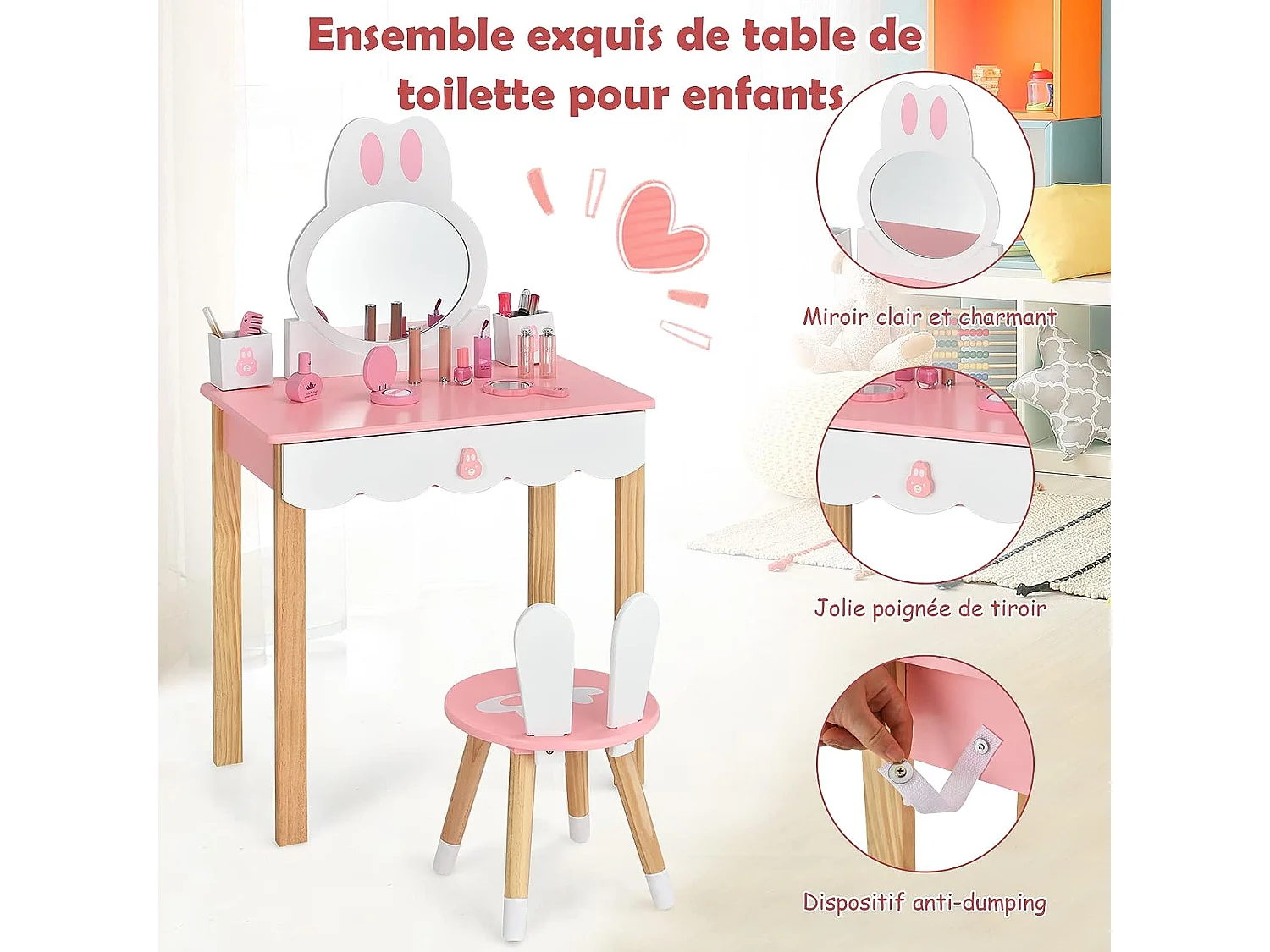 Coiffeuse pour enfants 2 en 1 avec miroir amovible et tabouret tiroirs boîte de rangement