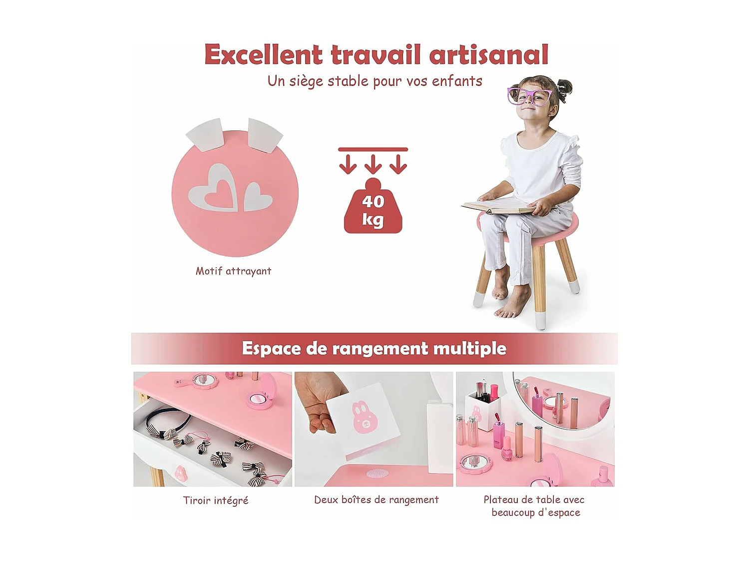 Coiffeuse pour enfants 2 en 1 avec miroir amovible et tabouret tiroirs boîte de rangement