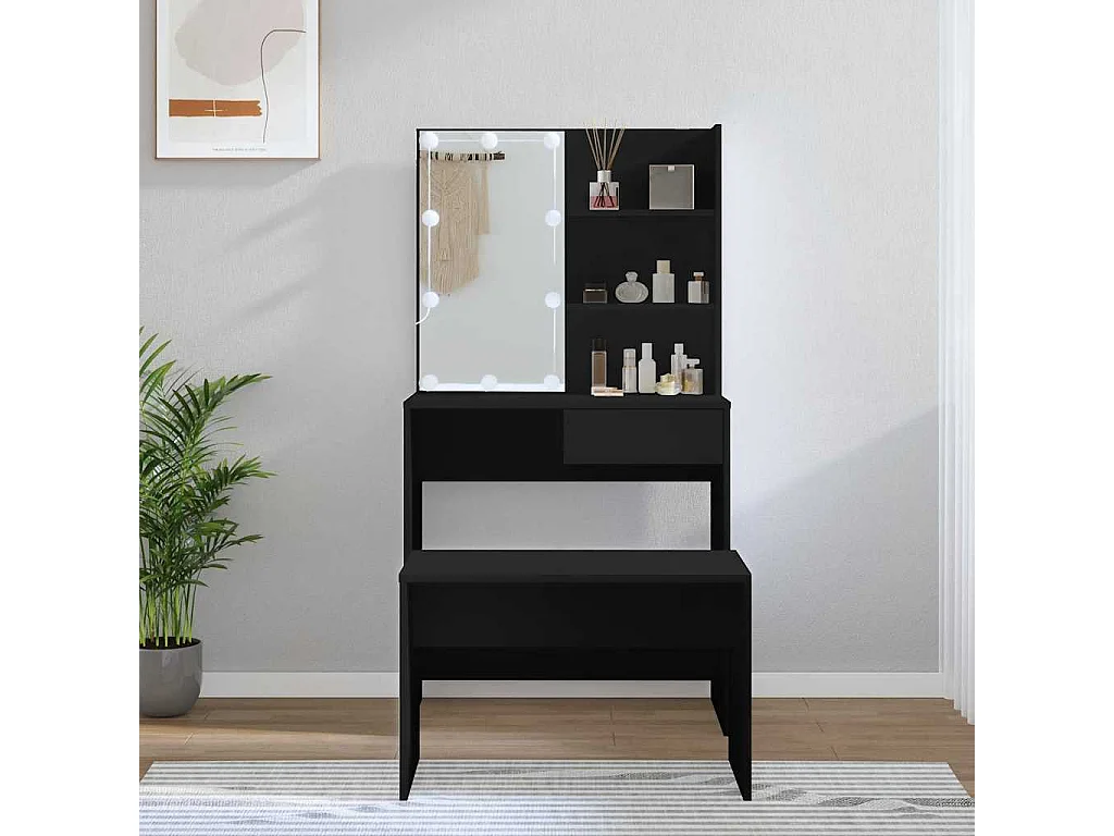 Ensemble de coiffeuse avec LED Noir Bois d'ingénierie