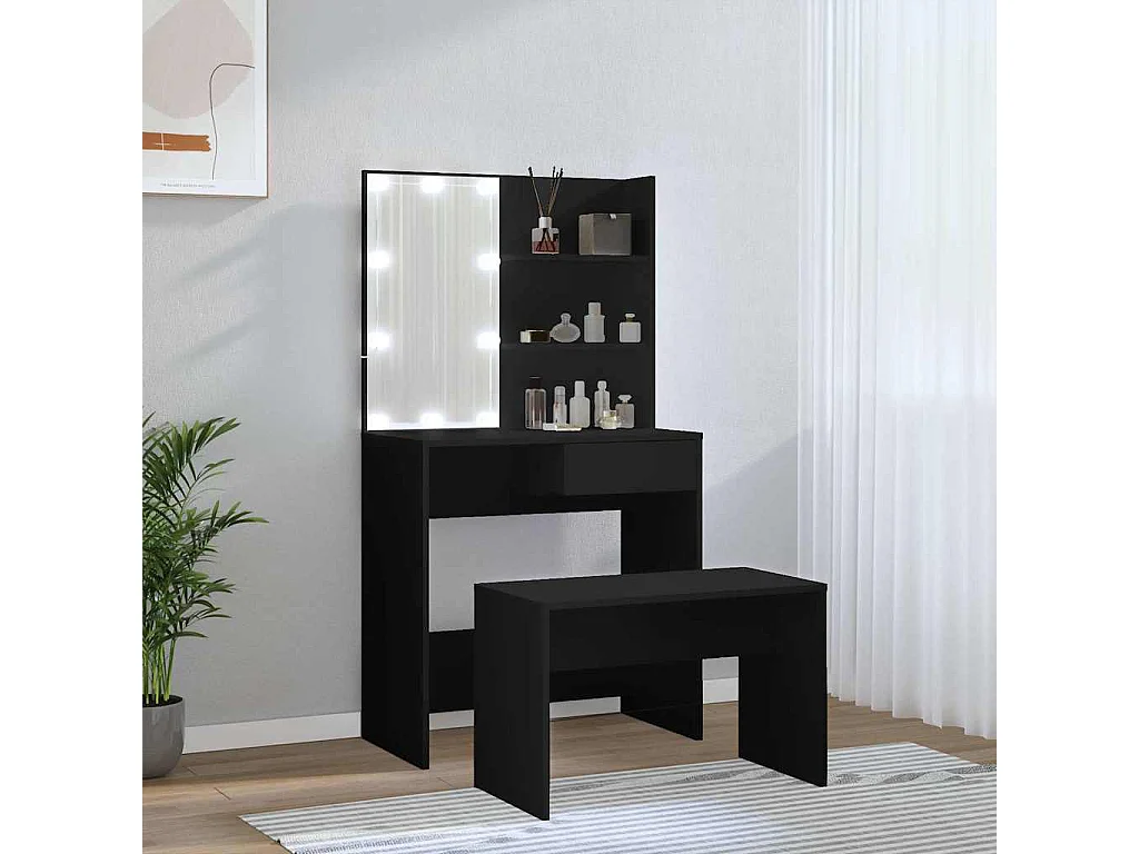 Schminktisch-Set mit LED Schwarz Holzwerkstoff
