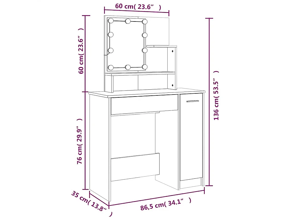 Toeletta con LED Bianca 86,5x35x136 cm