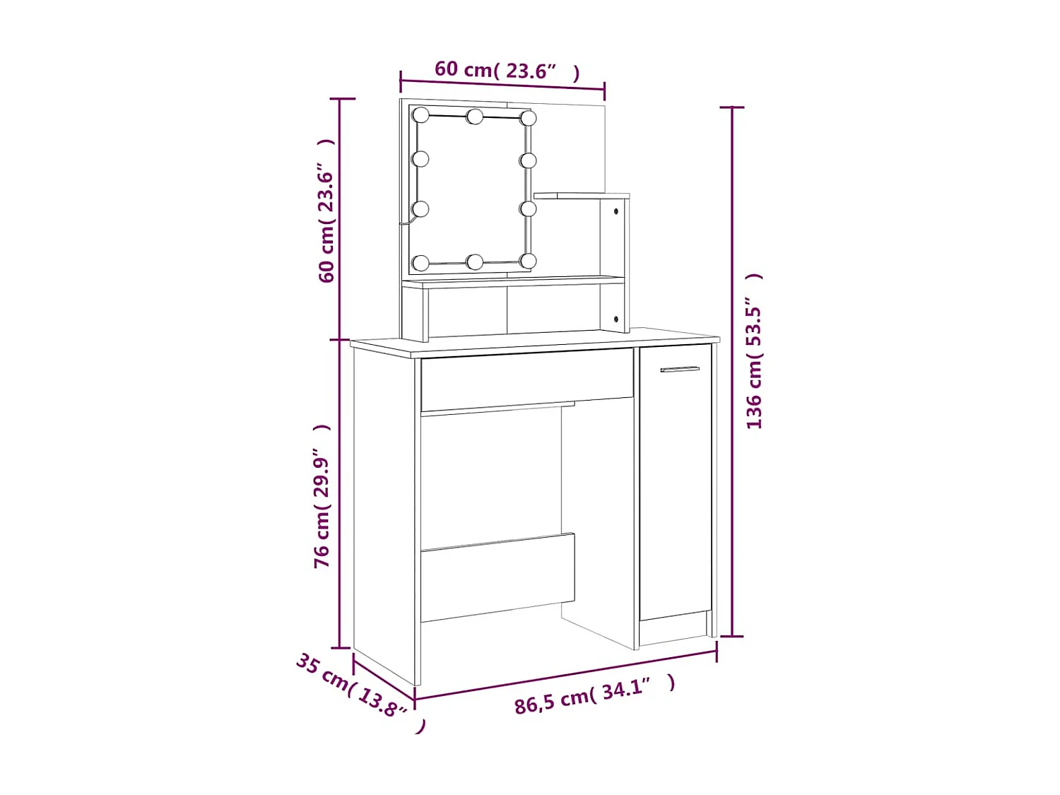 Kaptafel met LED-verlichting 86,5x35x136 cm betongrijs