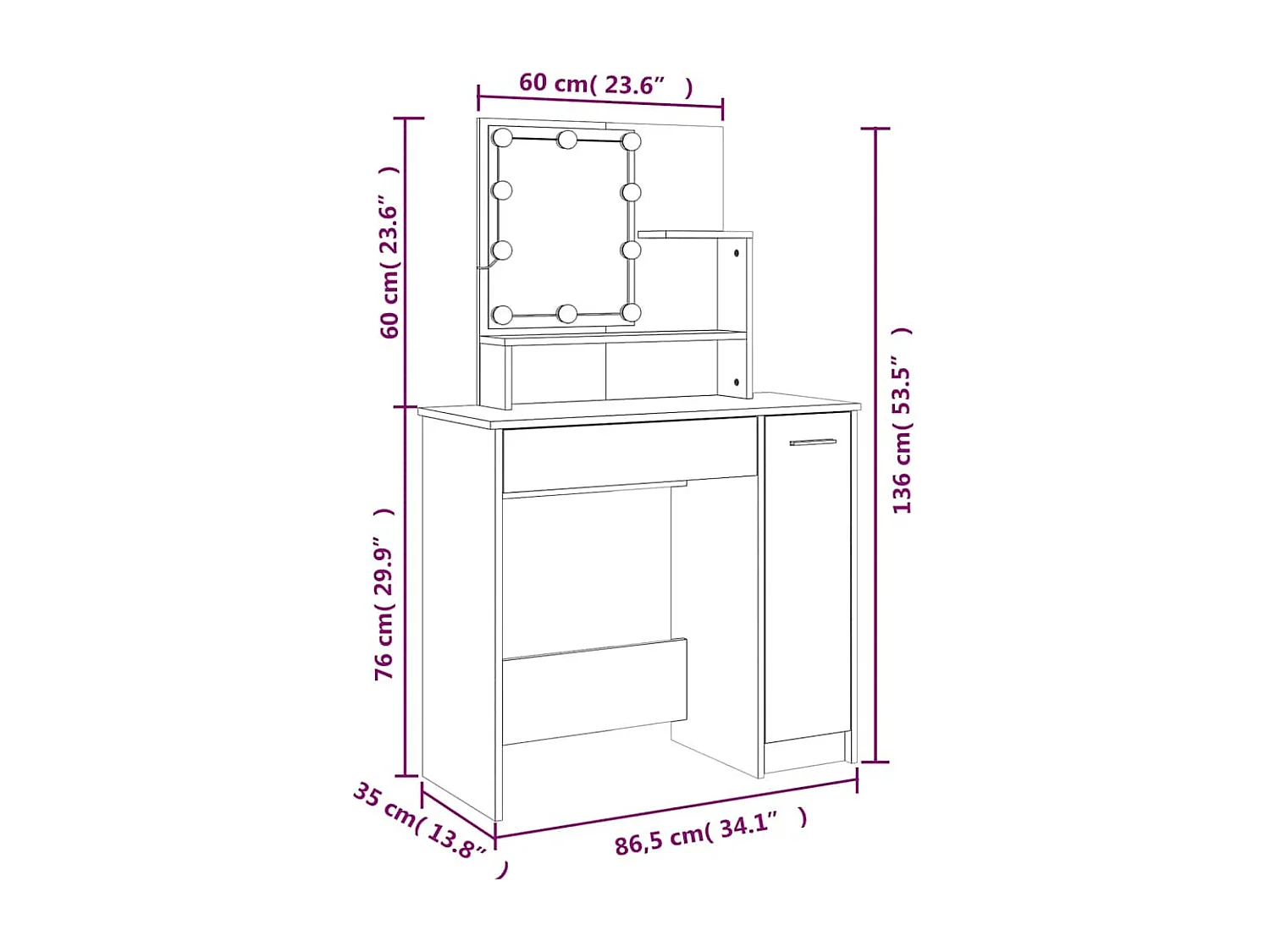 Schminktisch mit LED Grau Sonoma 86,5x35x136 cm