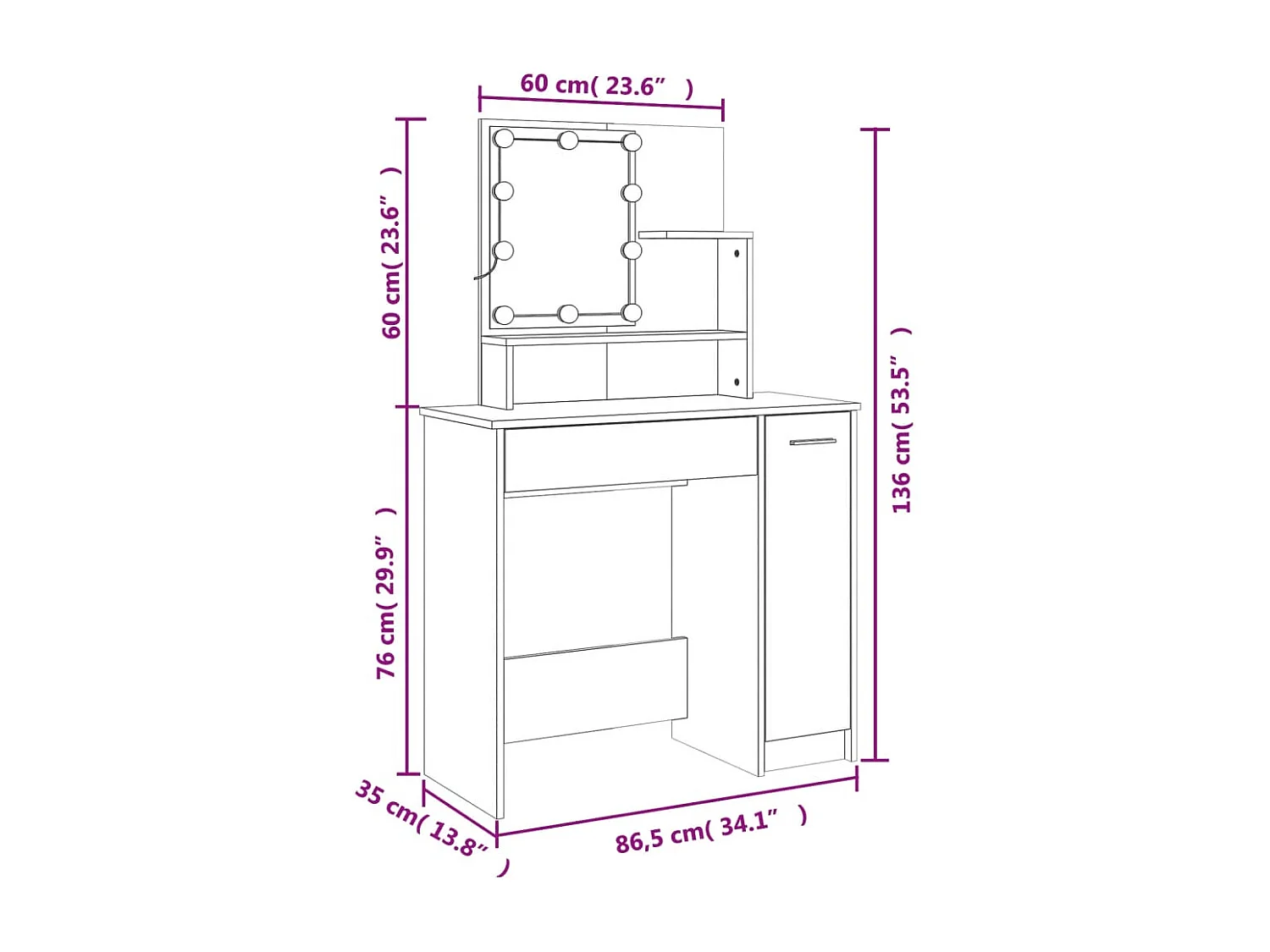 Conjunto toucador c/ LEDs madeira processada carvalho sonoma