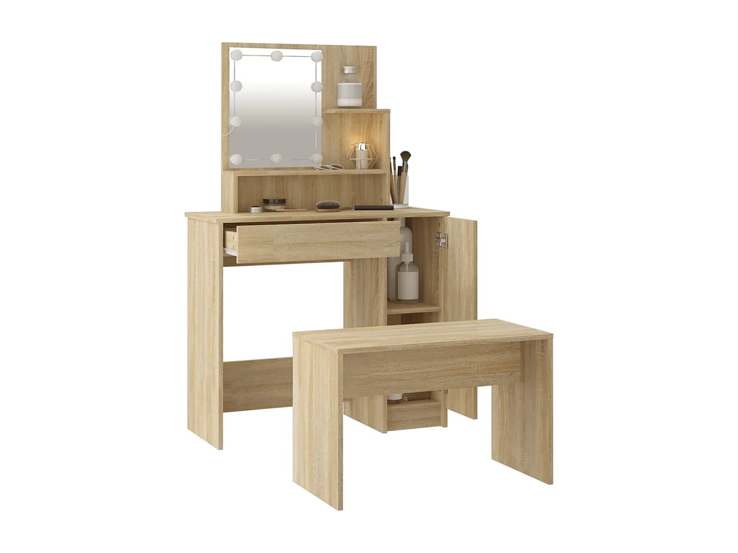 Conjunto toucador c/ LEDs madeira processada carvalho sonoma