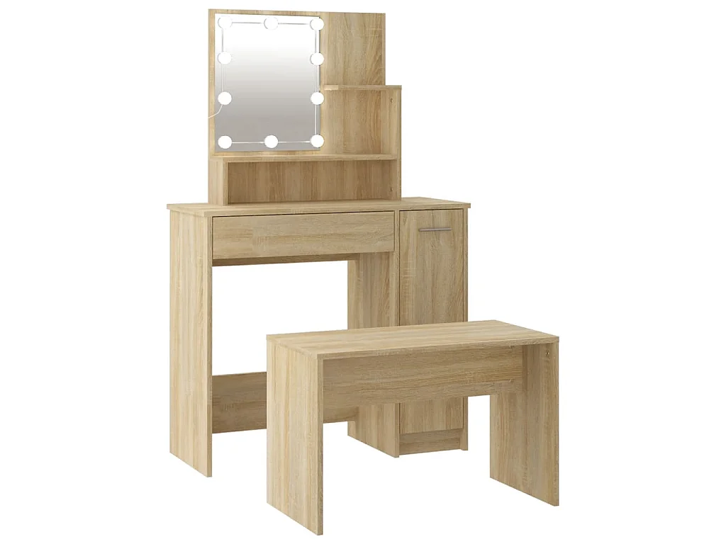 Juego de tocador con LED madera contrachapada roble Sonoma