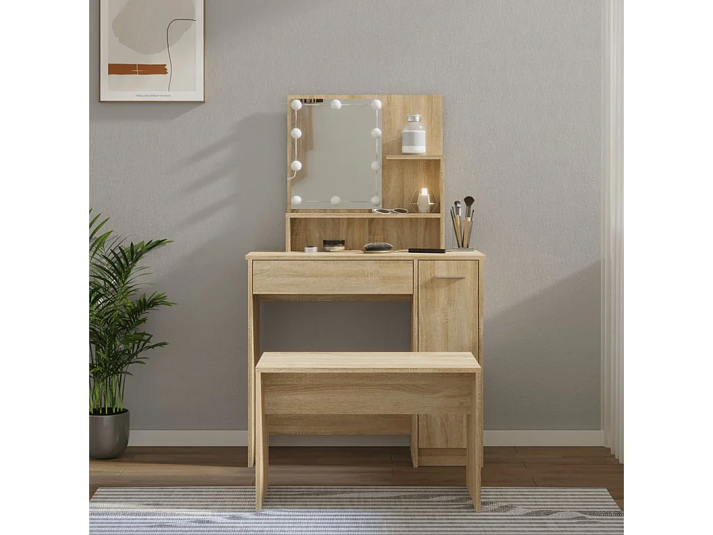Juego de tocador con LED madera contrachapada roble Sonoma