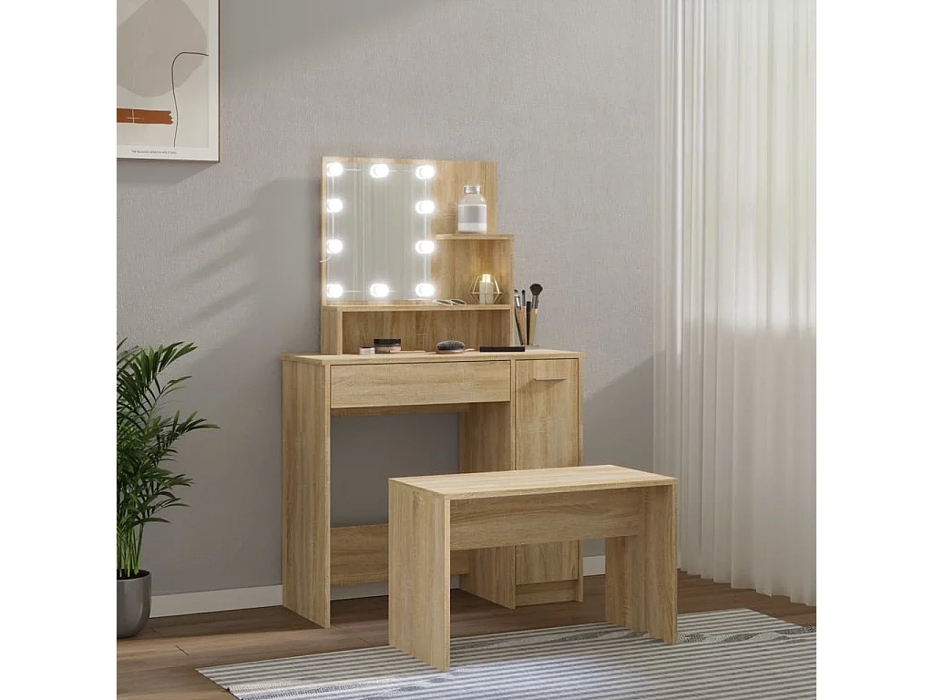 Juego de tocador con LED madera contrachapada roble Sonoma