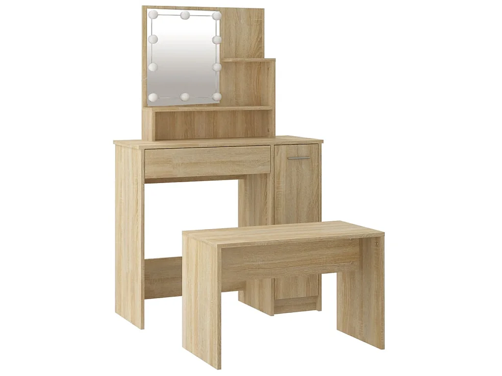 Juego de tocador con LED madera contrachapada roble Sonoma