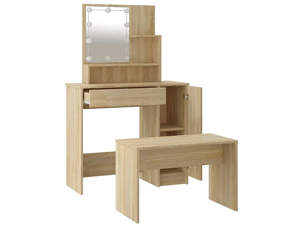 Juego de tocador con LED madera contrachapada roble Sonoma