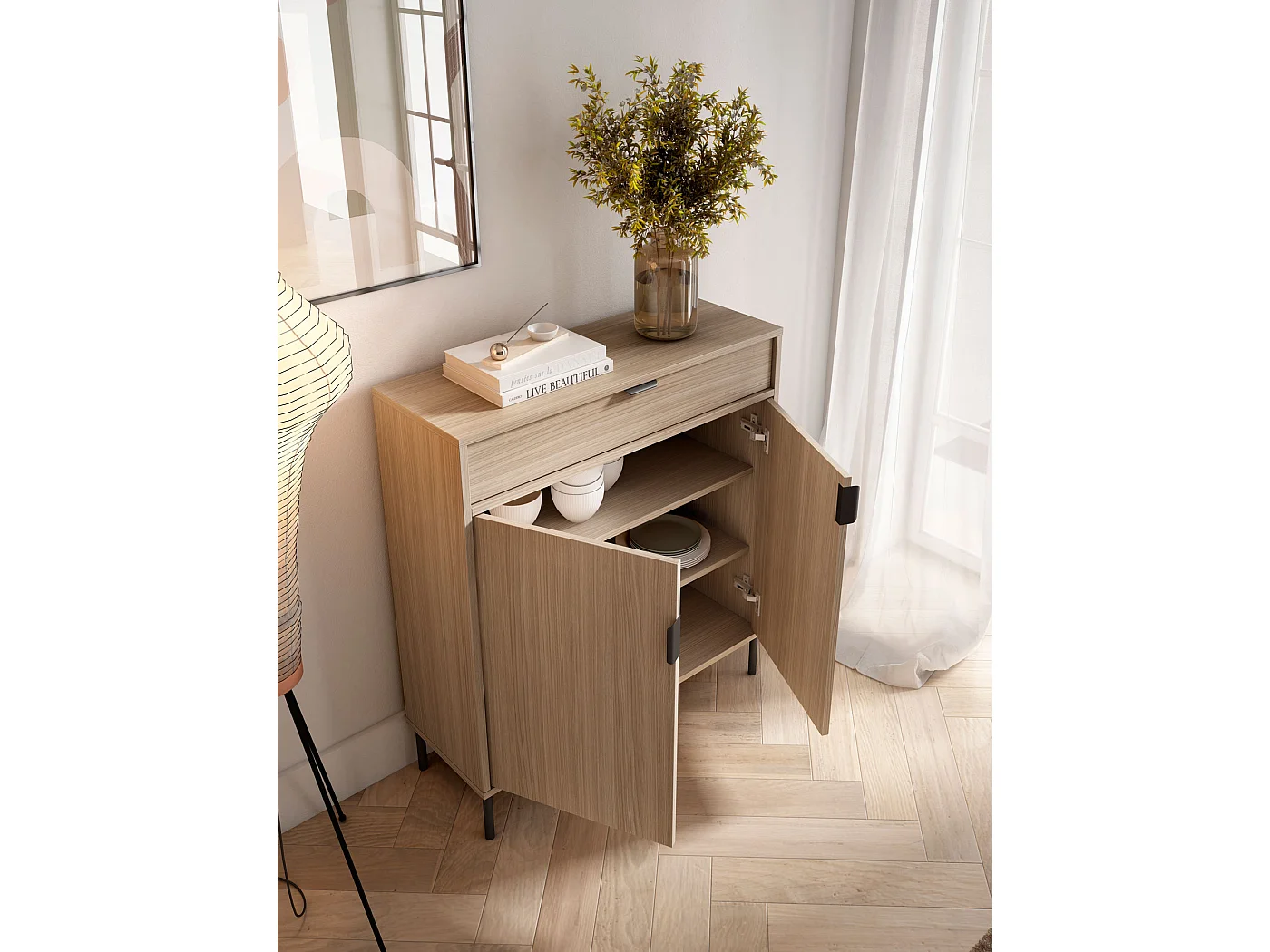 Mueble zapatero/armario - A89cm x L90cm x P29cm nogal claro - Alice